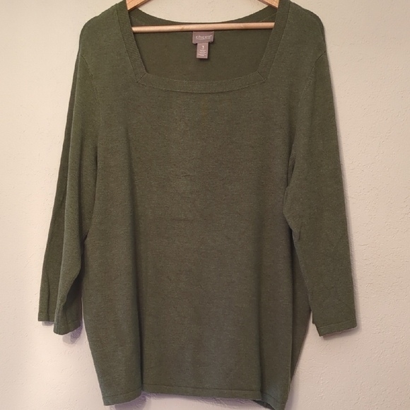 Chico's square neckline 3/4 sleeves soft Women's Olive Preppy Green Sweater XL - Picture 1 of 5